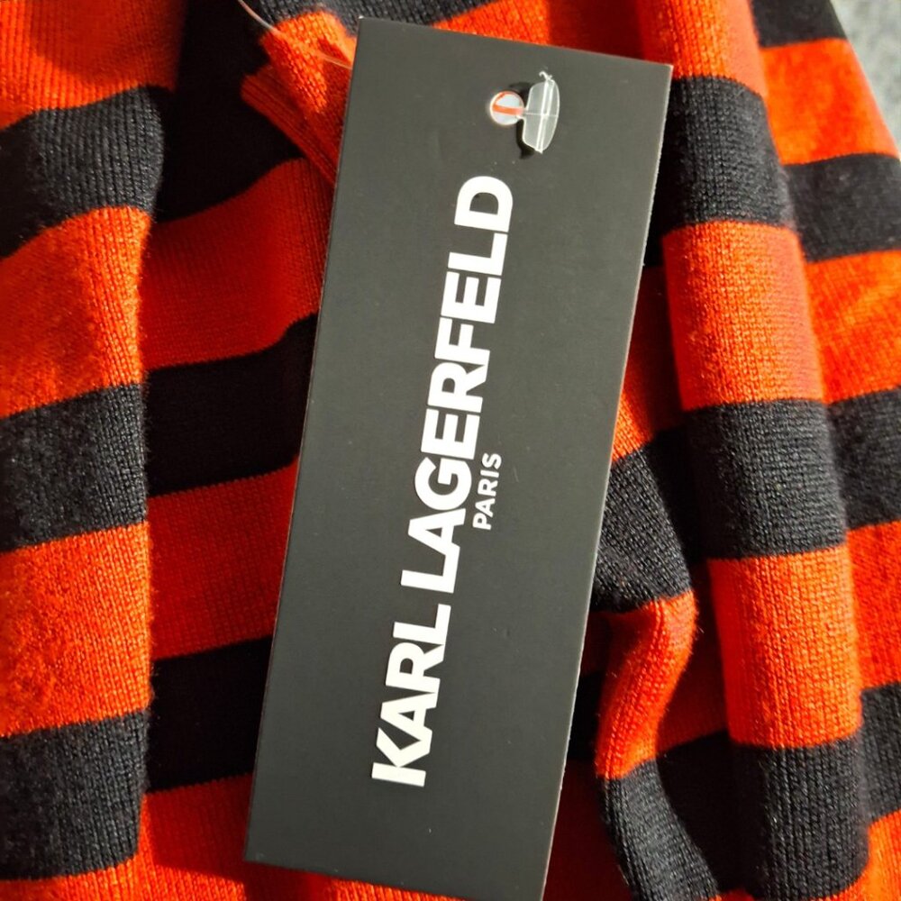 Karl Lagerfeld Paris Med (8-10) Red & Black Stripe Crewneck Sweater w/ Gold Pins - Picture 14 of 15